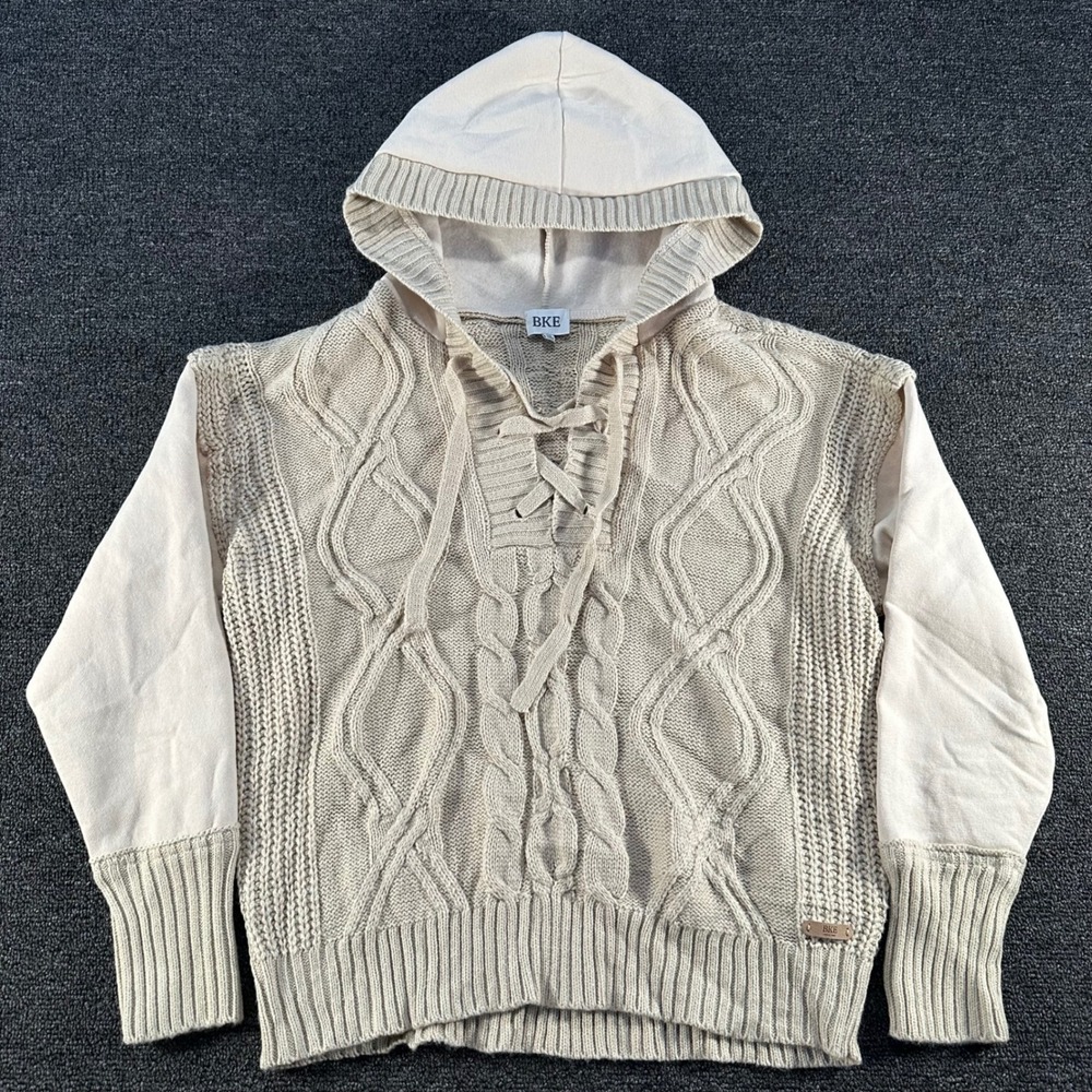 BKE Cable Knit Hoodie Women XS Cream Good Lace Up Contrast Sleeve Sweater